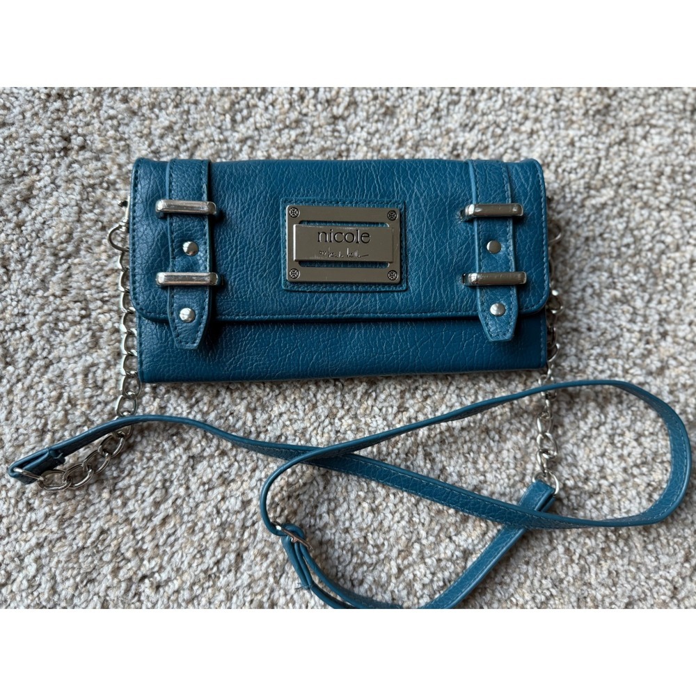 Nicole Miller Crossbody Wallet detachable Chain‎ Strap Teal Blue